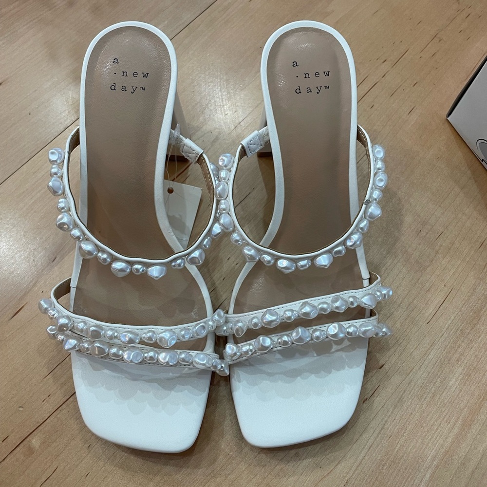 a new day White Pearl-Trim Block Heel Sandals